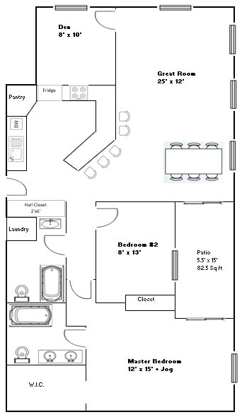 Two-bedroom + den — Layout E floor plan